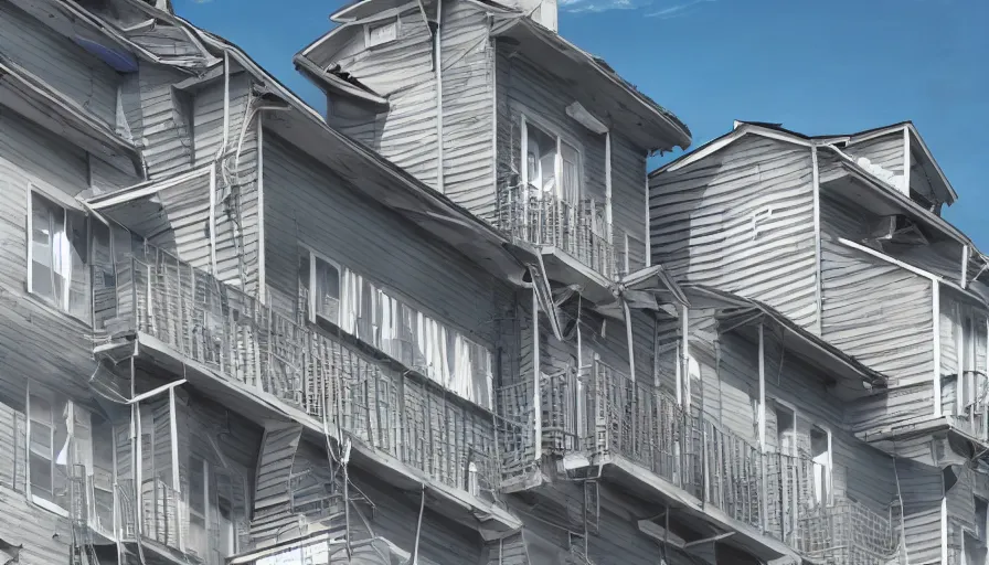 Prompt: in american cities, in modern times, there is a weird rental house with four floors high and a water tank on the roof. the color of the picture is gray and the painting style is retro