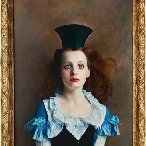 Image similar to A portrait of Alice from Wonderland, oil painting, majestic, detailed, high resolution