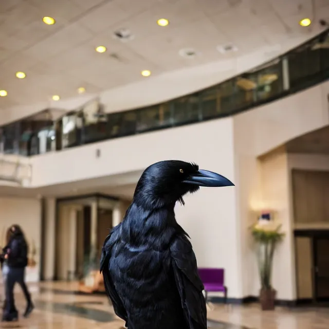 Image similar to a person wearing a fursuit of a crow fursona, fursona, furry convention, hotel lobby, indoors, photograph, furry fandom, photorealistic,