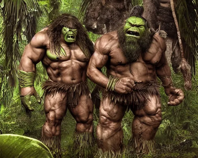 Prompt: hyper realistic group vintage photograph of a live action warcraft orc warrior tribe in the jungle, tall, hulk like physique, detailed faces, tribal paint, tribal armor, grain, old, monochrome, wide angle