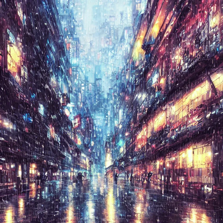 Prompt: beautiful raining anime cityscape, trending on pixiv