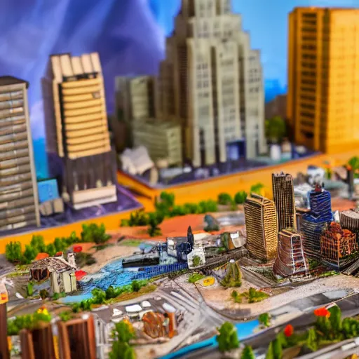 Image similar to a detailed photo of a diorama city, macro photography, zoom, model trees, table, studio lighting