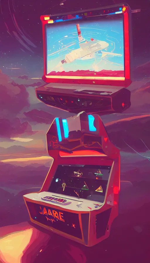 Prompt: arcade cabinet in space, sharp focus, james gilleard, cinematic, game art, extremely detailed digital painting, print