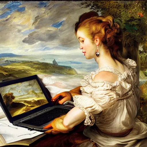 Image similar to heavenly summer sharp land sphere scallop well dressed lady working on her laptop auslese, by peter paul rubens and eugene delacroix and karol bak, hyperrealism, digital illustration, fauvist, looking at her imac laptop