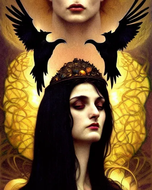 Image similar to goddess of ravens, unusual beauty, emotionally evoking symbolic metaphors, head in focus, fantasy, ornamental, intricate, elegant, sensual, highly detailed digital painting, artstation, concept art, painterly, golden ratio, sharp focus, illustration, art by John Collier and Krenz Cushart and Artem Demura and Rafael and Alphonse Mucha and Albert Aublet