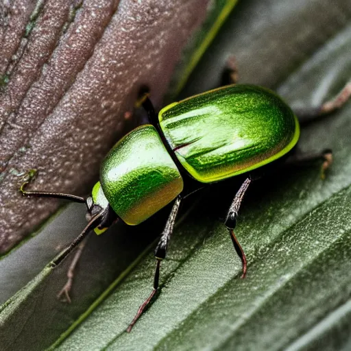 Image similar to hybrid of green beetle and snail, photorealistic, close - up