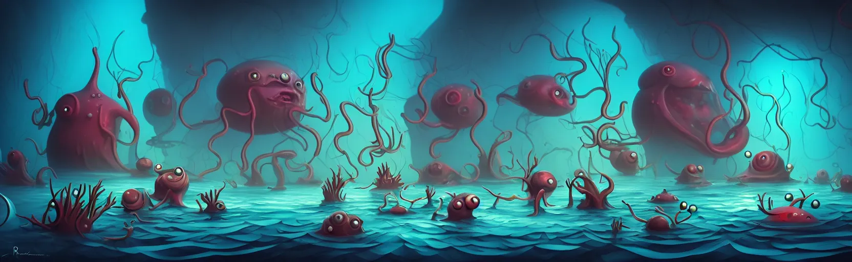 Image similar to wild whimsical watery mutants from the depths of deep sea of the unconscious, dramatic lighting, surreal fleischer cartoon characters, shallow dof, surreal painting by ronny khalil