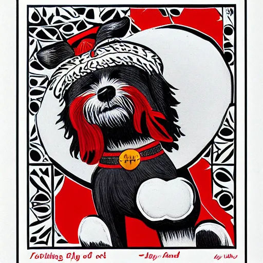 Image similar to Tlingit Haida lithographic, havanese dog red and black white only, lithograph print