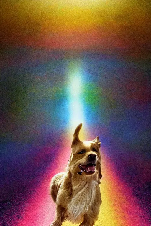 Image similar to a singular beautiful dog running happily towards its owner, ethereal heavenly rainbow bridge in the background behind the dog, tall golden heavenly gates, amazing, stunning artwork, featured on artstation, cgosciety, behance