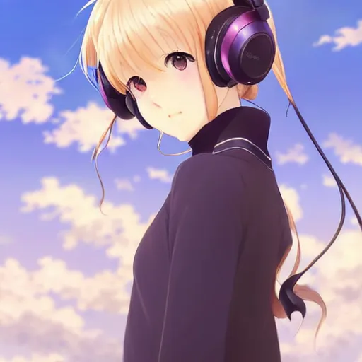 Image similar to painting of a cute girl wearing headphones in the style of violet evergarden, beautiful anime art style, winged eyelashes, countryside, calm, fantasy character portrait, dark outlines, dynamic pose, above view, sunny day, artwork by makoto shinkai, very coherent asymmetrical artwork, sharp edges, perfect face, simple form, 1 0 0 mm