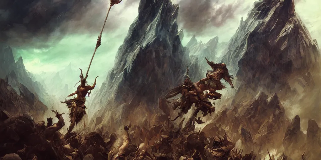 Image similar to epic battle barbarian norse gods thunder inverted landscape hanging from the sky two worlds facing each other horizontal symmetry inception good composition artstation illustration sharp focus sunlit vista painted by ruan jia raymond swanland lawrence alma tadema zdzislaw beksinski norman rockwell tom lovell alex malveda greg staples