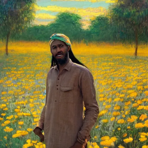 Prompt: a somali man with long hair in a vast field of flowers, relaxing, wide shot, golden hour, vintage, impressionist painting, fine art, oil painting, dreamy, pastel, laughing, happy, intricate details, sharp, peaceful, serene