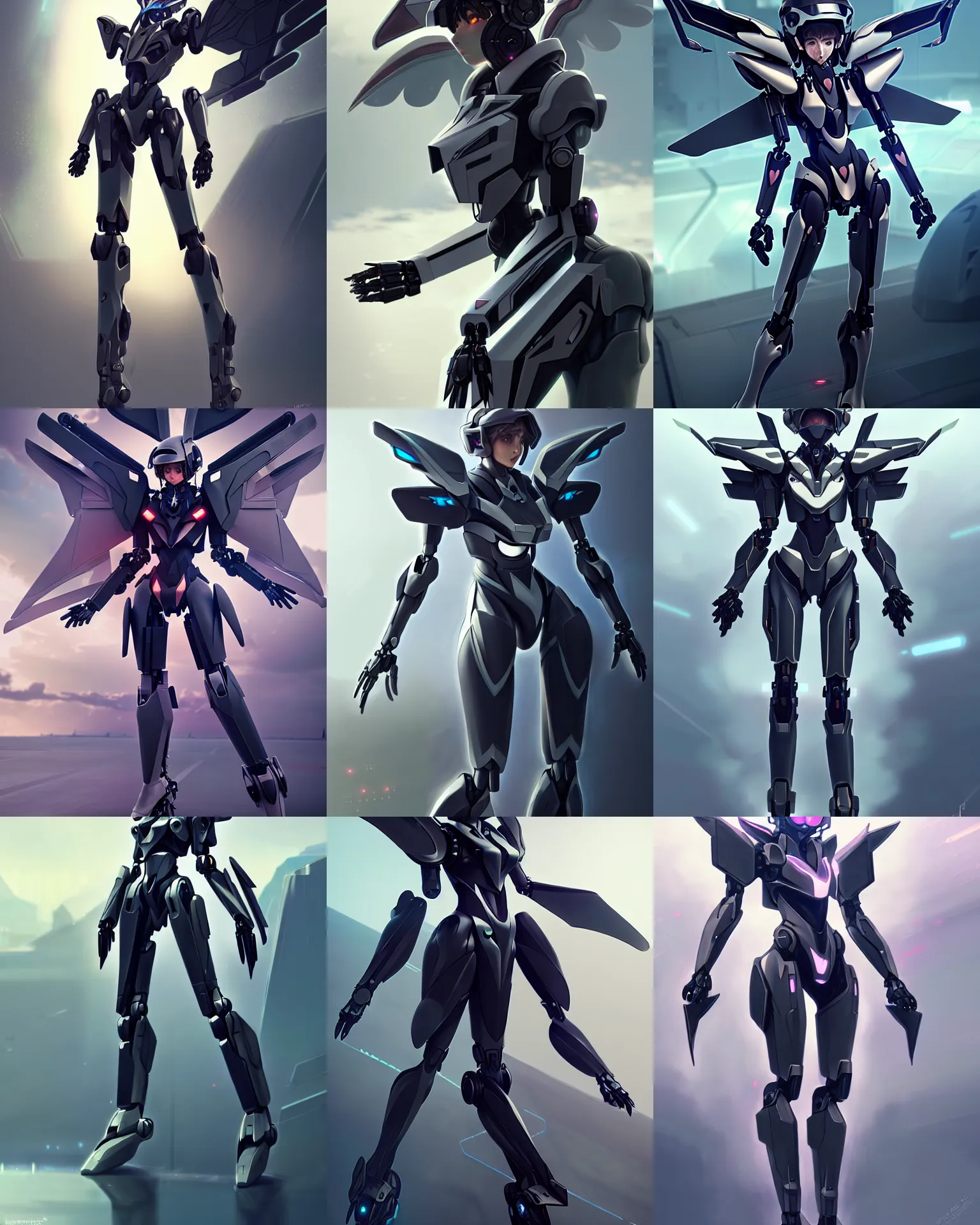 Prompt: uncropped stealthy Feminine mecha (with futuristic jet armor and wings) with a heart visor helmet, symphogear, full body character portrait, hi-tech, trending on Artstation, black armor, digital painting, concept art, sharp focus, illustration, art by WLOP and Greg Rutkowski