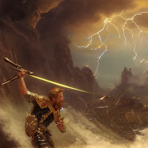 Image similar to a man with short blonde hair shooting lightning bolts at his enemy in battle. detailed matte painting. masterpiece. 4 k. fantasy art. by gaston bussiere. derek zabrocki. craig mullins