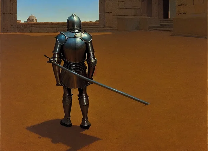 Prompt: knight in armor searching with a metal detector, rome, highly detailed, soft lighting, elegant, works by edward hopper and james gillard, zdislaw beksinski, stephen outram, andreas m wiese, highly detailed
