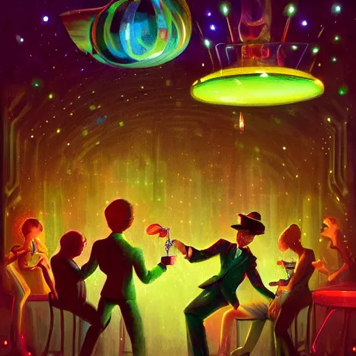 Image similar to young aliens in a fancy vintage nightclub dancing and drinking, partylights, great colors, by esao andrews, trending on artstation