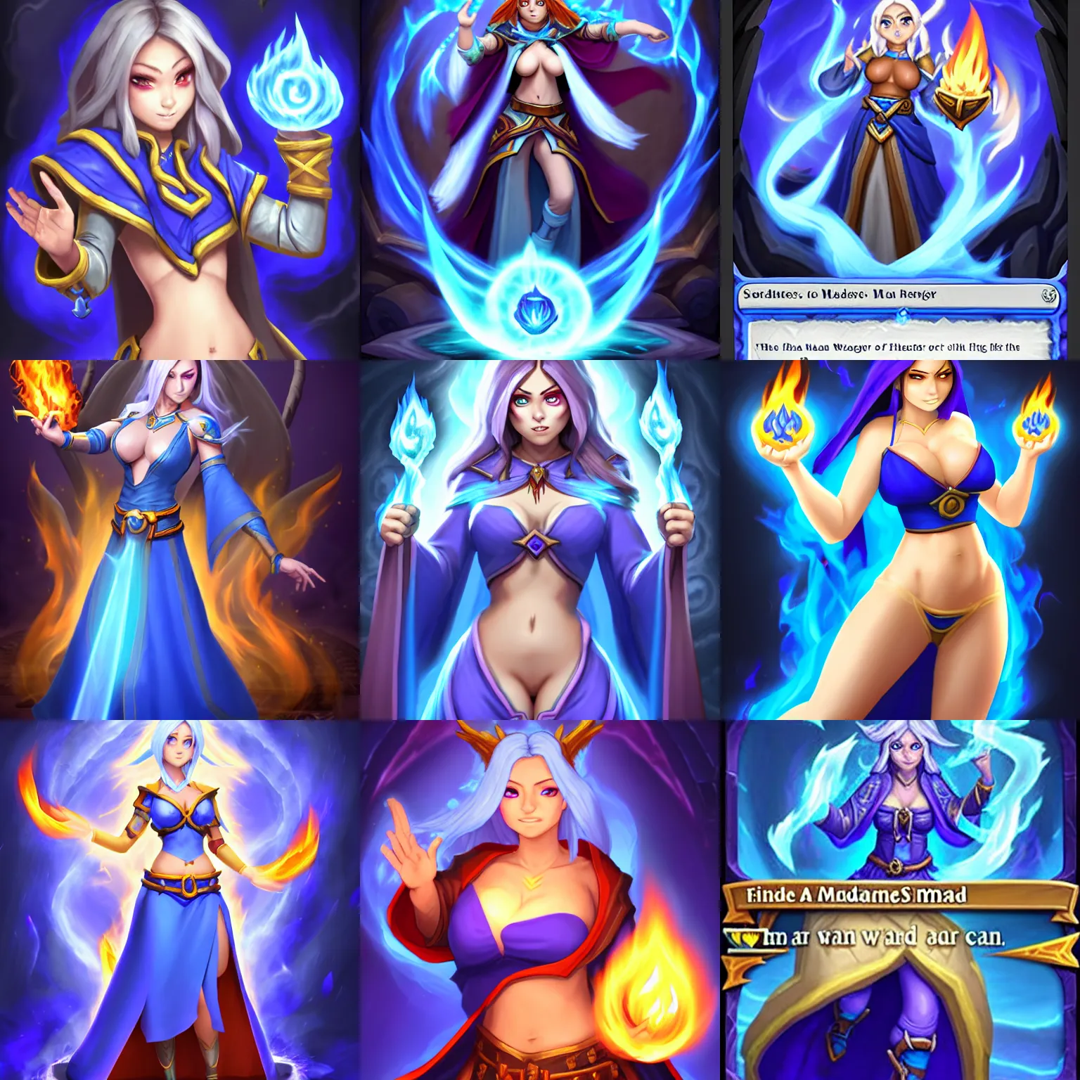 Prompt: Who : a female mage with a blue robe casting a fire spell; Physically important : she has tinyest midriff ever, largest haunches ever, fullest body, small head, small waist, wide hips, tiny waist, large hips, covered huge breasts; Mega important : Hearthstone official splash art, SFW, perfect master piece, award winning