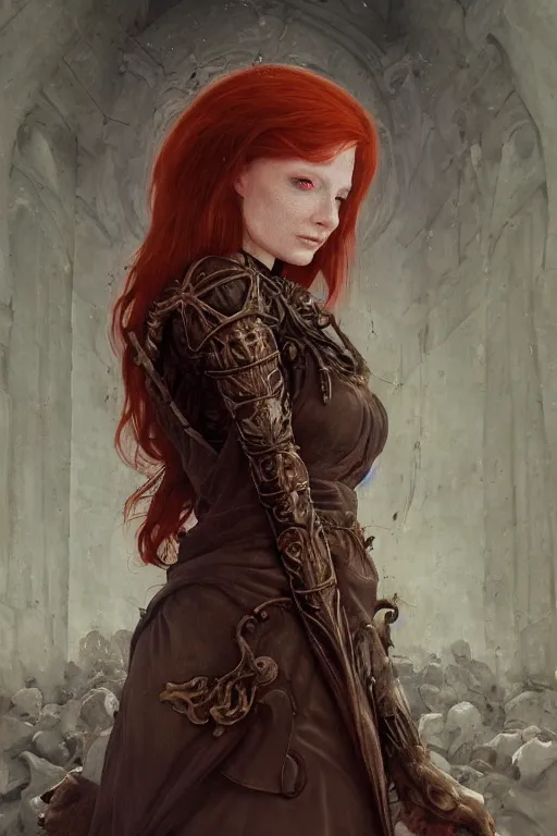 Prompt: portrait of redhead cleric , very very intricate, very very elegant, highly detailed, lifelike, photorealistic, digital painting, artstation, illustration, concept art, smooth, HR GIGER , Hieronymous Bosch, Francis Bacon sharp focus, art by Greg Rutkowski and John Collier and Albert Aublet and Krenz Cushart and Artem Demura and Alphonse Mucha