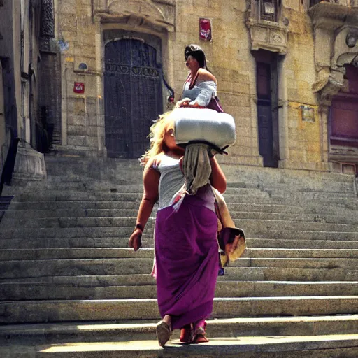 Image similar to a blonde woman with a fat Indian woman holding a rollator on steps in Porto, greg rutkowski