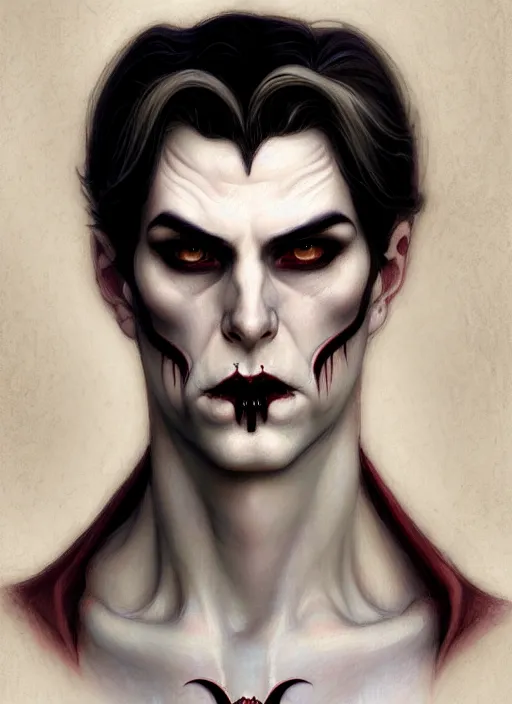 Image similar to an art nouveau, male vampire portrait in the style of charlie bowater, and in the style of donato giancola, and in the style of charles dulac. very large, clear, expressive, intelligent eyes. symmetrical, centered, ultrasharp focus, dramatic lighting, photorealistic digital painting, intricate ultra detailed background.