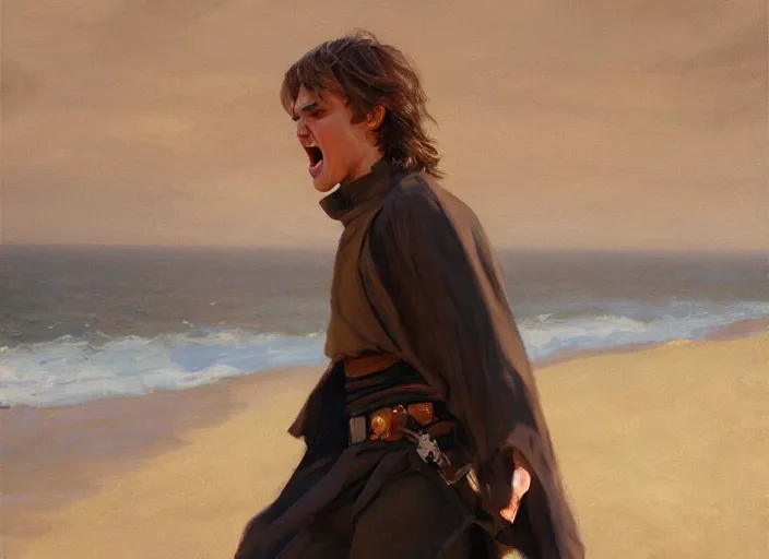 Image similar to a highly detailed beautiful portrait of 2 0 years old anakin skywalker hissing at sand, by gregory manchess, james gurney, james jean