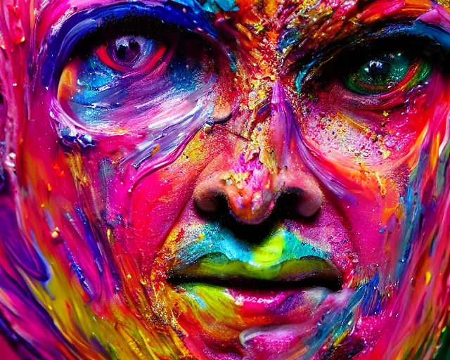 Image similar to still shot close up footage of the portrait of a female head made of acrylic pour and coloured powder explosion and splashing paint and dripping paint and flying paint chunks, motion blur, hyperrealistic, medical, intricate art photography, anatomically correct, realistic crisp textures, 1 6 k