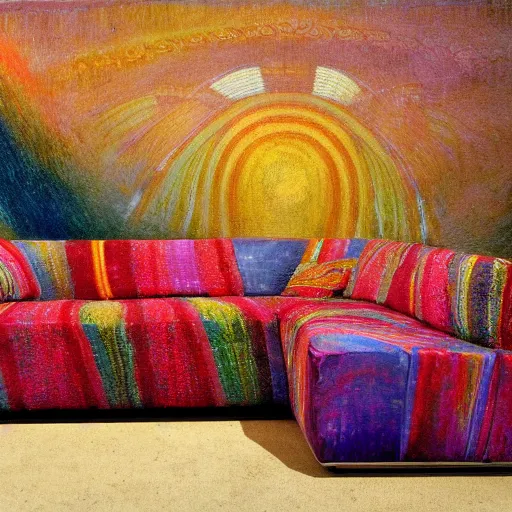 Image similar to psychedelic couch sofa costa blanca, designed by arnold bocklin, jules bastien - lepage, tarsila do amaral, wayne barlowe and gustave baumann, cheval michael, trending on artstation, mediterranean, star, sharp focus, colorful refracted sparkles and lines, soft light, 8 k 4 k