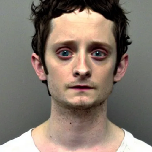 Image similar to Elijah Wood as Frodo Baggins, mugshot photograph