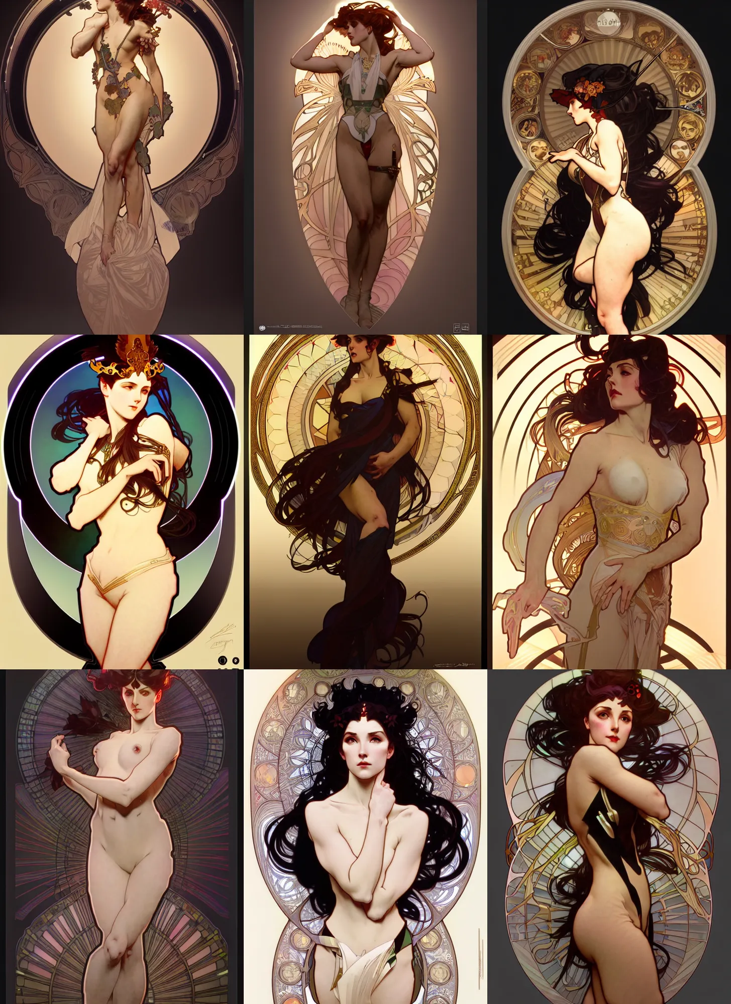 Image similar to digital concept art by artgerm and alphonse mucha. just one lonely namilia attctive showgirl!! full body!! contour light effect!! 8 k, black tape project show. stage light. octane render. sharp edge. ultra clear detailed