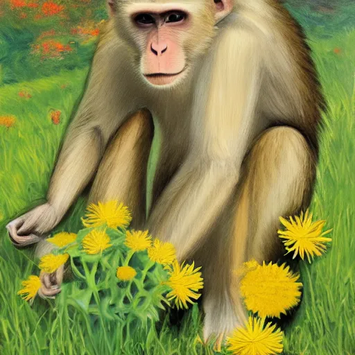 Prompt: photograph of a monkey painting dandelions on a canvas