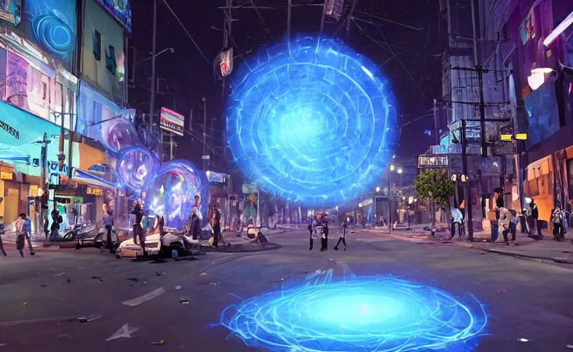 Image similar to people with posters attacking cops in front a huge blue spiral - shaped bright white luminous attractor that is floating and stores in los angeles with light screens all over the street, concept art, art for the game, professional lighting, night lighting from streetlights