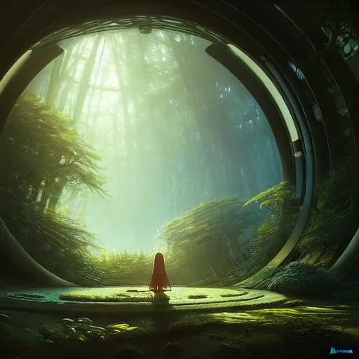 Image similar to , forest with big dome inside a spaceship, stephen bliss, misty, unreal engine, pixar, fantasy art by greg rutkowski, loish, ferdinand knab, and lois van rossdraws, global illumination, radiant light, minimalist, detailed and intricate environment