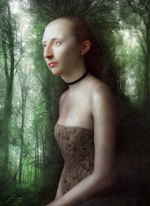 Prompt: portrait of a women who invented time in the forest that could not sleep, modern fine art, fractal, intricate, elegant, highly detailed, digital photography, subsurface scattering, by jheronimus bosch,