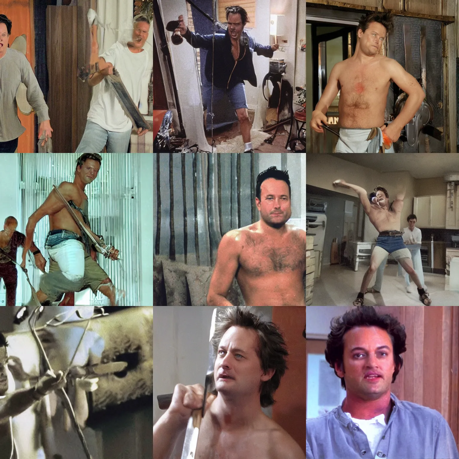 Prompt: matthew perry in his apartment wearing only white briefs swinging a machete while screaming, friends 9 0 s tv show screenshot,