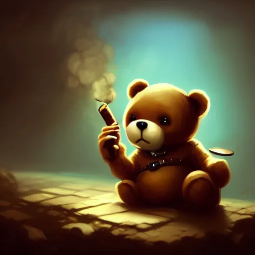 Image similar to cute little anthropomorphic Teddy Bear smoking a cigar, cover art, ultra wide lens shot , tiny, small, short, cute and adorable, pretty, beautiful, DnD character art portrait, matte fantasy painting, DeviantArt Artstation, by Jason Felix by Steve Argyle by Tyler Jacobson by Peter Mohrbacher, cinematic lighting
