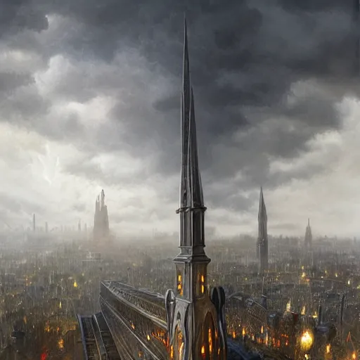 Image similar to an ultra detailed matte painting of a lonely and impossibly tall ominous gothic dark citadel tower of the evil patriarch, elevated high above the city, in a river elevated high above the city, fantasy capital city, ultrawide lense, aerial photography, scary thunderstorm, light fog, volumetric lighting, exquisite detail, 8 k, art by greg rutkowski and alphonse mucha