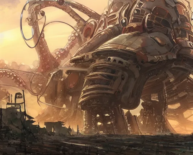 Image similar to beautiful picture of a giant octopus mecha, standing in a post-apocalyptic wasteland, anime style, art by Hajime Katoki, trending on artstation