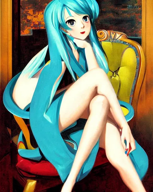 Image similar to A very beautiful painting of hatsune Miku sitting on the chair by Enoch Bolles and Gil Elvgren