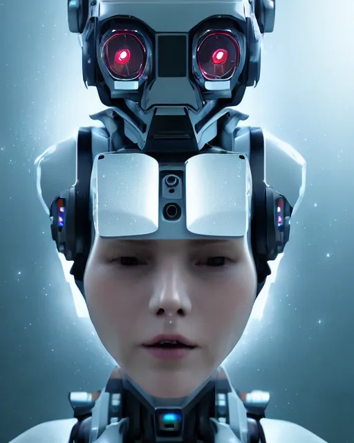 Image similar to photo of soulful female as a cyberpunk mecha humanoid robotic head and face parts with straight bright led lights, small light emitting cables, sweaty skin dripping down face, ultra - realistic and detailed, long exposure 8 k