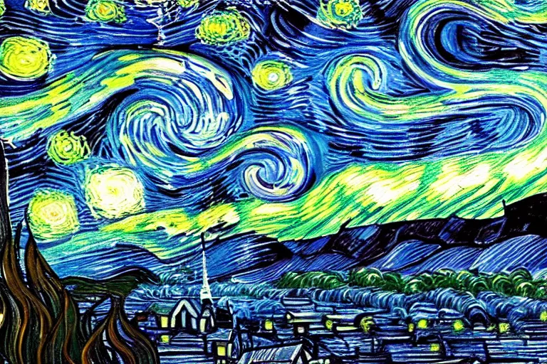 Image similar to man is seeing old god eldritch horror cthulhu terrifying the night sky of a city, epic scene, hyper - detailed, gigantic cthulhu, photo - realistic wallpaper, dark art, van gogh style