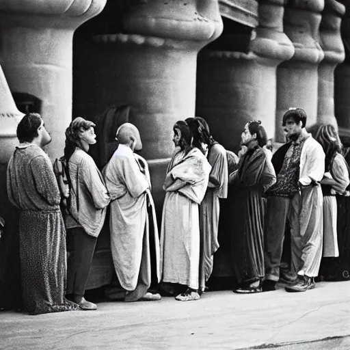 Image similar to a long line of sad people waiting to speak with the genie from Aladdin by Disney