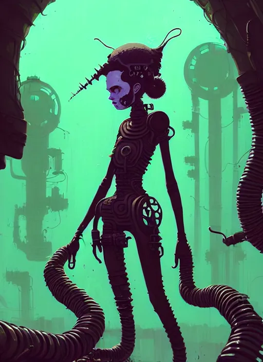 Image similar to highly detailed portrait of an moody wasteland punk long dripping green poison hair tribal lady, stray wiring by atey ghailan, james gilleard, by joe fenton, by greg rutkowski, by greg tocchini, by kaethe butcher, 4 k resolution, gradient purple, brown black and white color scheme!!! ( ( green flaming robotic sewer background ) )