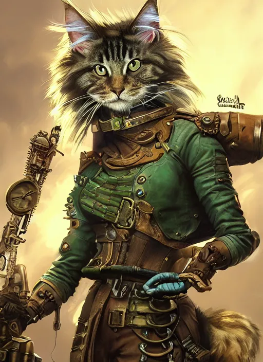 Prompt: An epic fantastic realism comic book style portrait painting of steampunk swashbuckling Maine Coon cat with piercing green cyber eyes, Apex Legends Concept Art, unreal 5, DAZ, hyperrealistic, octane render, RPG portrait, dynamic lighting, Rembrandt oil