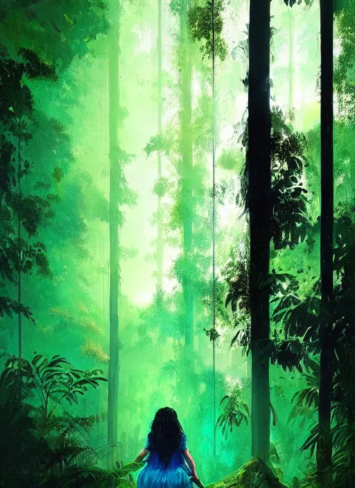 Prompt: portrait of salma hayek as jungle queen, green and blue hour, forest, by ismail inceoglu