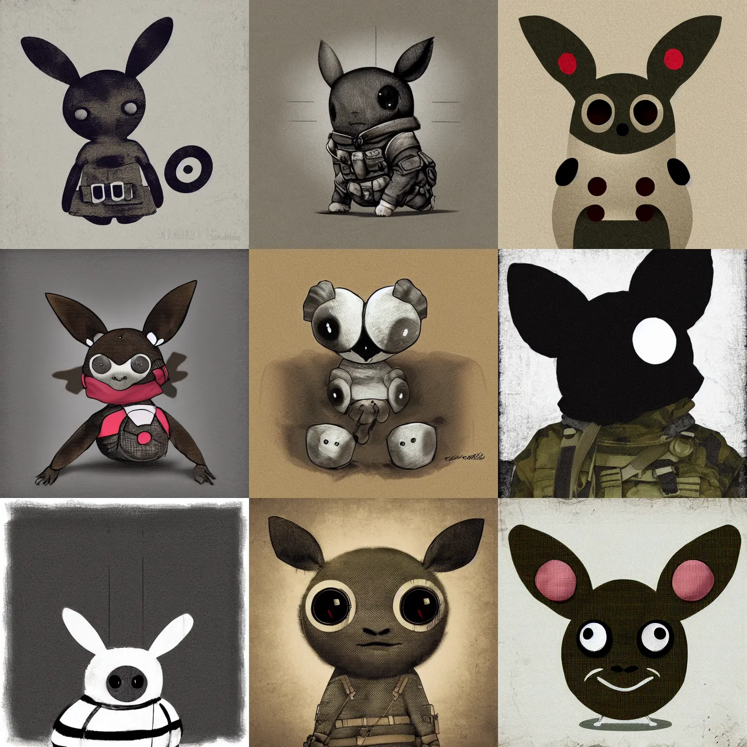 Prompt: spinda in military fatigues, digital art, dark, serious tones