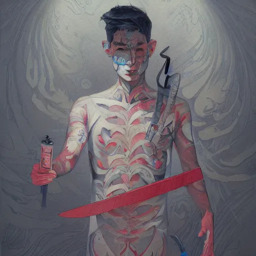 Image similar to a painting of a man holding a knife, an ultrafine detailed painting by james jean, behance contest winner, vanitas, tarot card, dystopian art, angular, altermodern