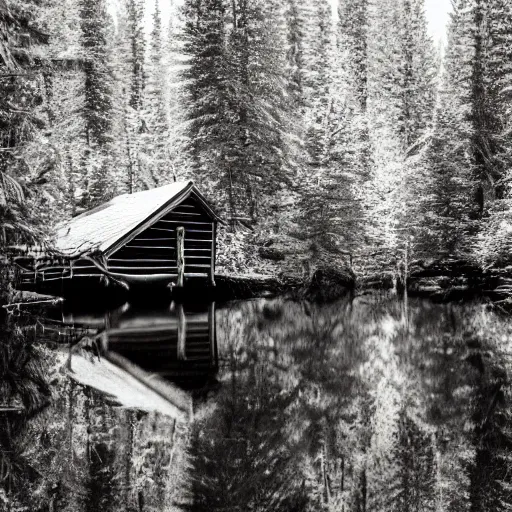 Image similar to Cabin in Canadian forest, creek, awe-inspiring, incredibly beautiful, award winning photo, 100mm lens, f2.8, low contrast