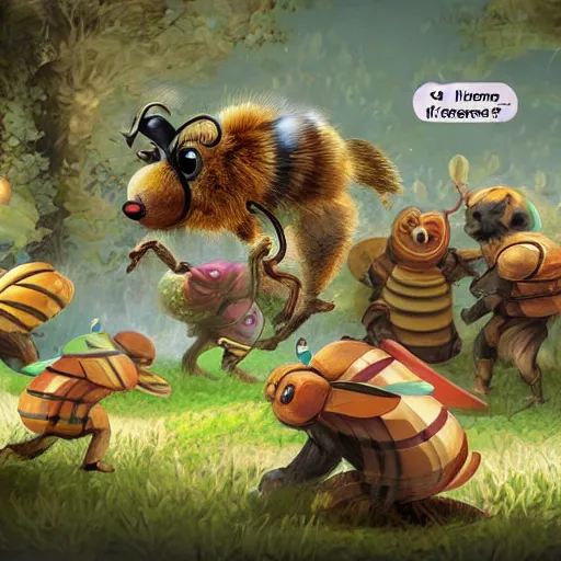 Image similar to A giant bee fighting a bunch of tiny bears, digital art, concept art, 3d animated