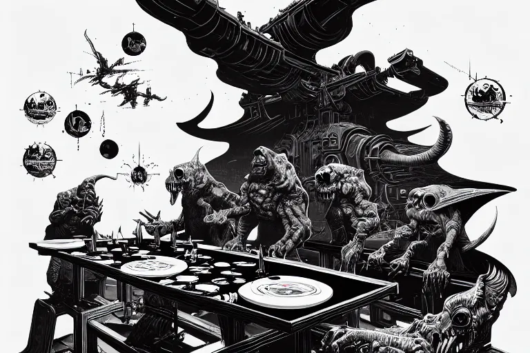 Image similar to a wizards table, high details, lineart, by vincent di fate and joe fenton, inking, etching, screen print, masterpiece, trending on artstation, sharp, high contrast, hyper - detailed,, hd, 4 k, 8 k