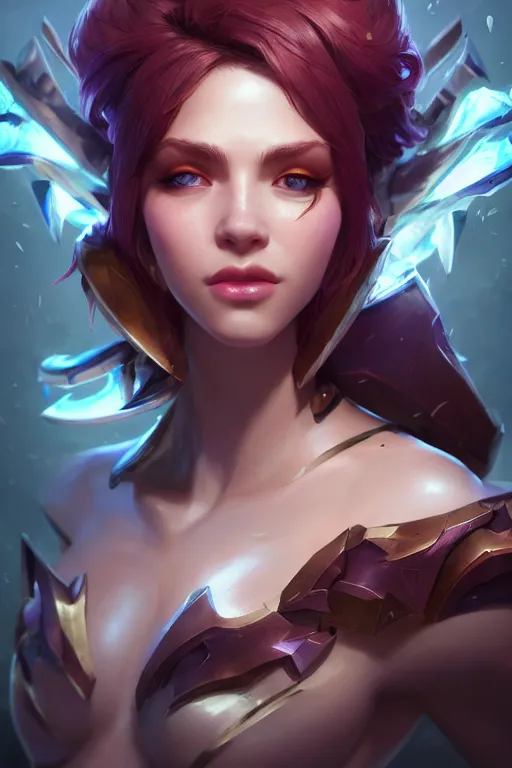 Image similar to league of legends portrait, au naturel, hyper detailed, digital art, trending in artstation, cinematic lighting, studio quality, smooth render, unreal engine 5 rendered, octane rendered, art style by klimt and nixeu and ian sprigger and wlop and krenz cushart.